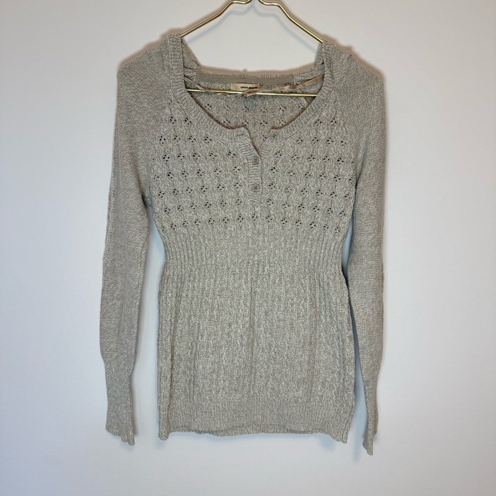 DKNY Jeans Trendy Beige Babydoll Knit Sweater Hoodie Size S